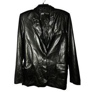 ZARA Faux Leather Blazer Jacket Black One Button Women’s Size S